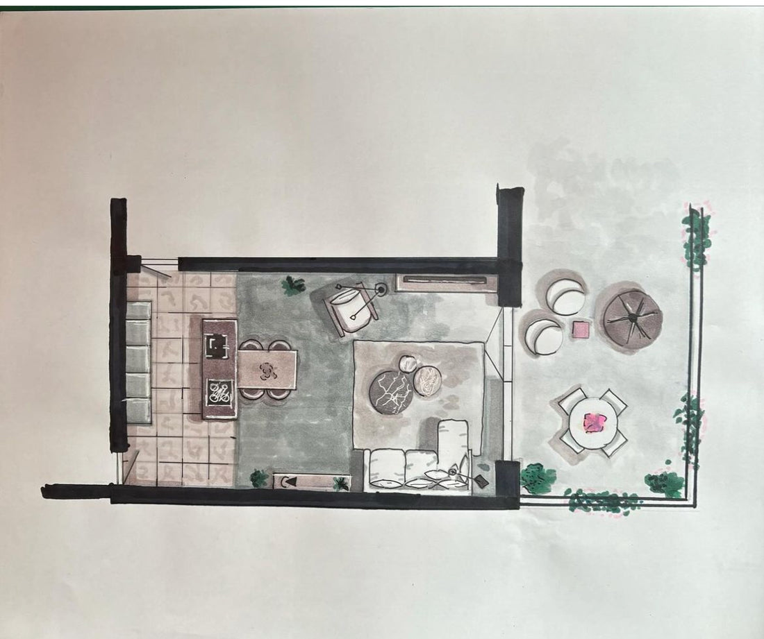 Handgetekende plattegrond benedenverdieping